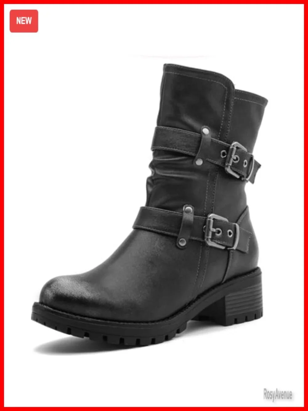 Women's Low Heel Biker Boots with Side Zipper, Faux Leather